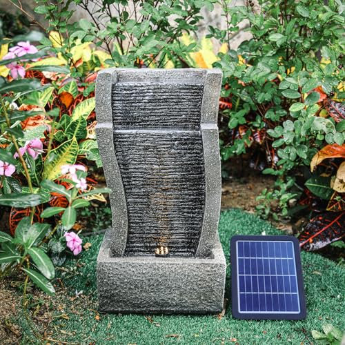 Warmiehomy Solar Water Fountain, Solar Water Feature Waterfall Rockery Outdoor Fountain with Solar Powered Pump and LED Lights, Garden Fountains Home Decoration Water Features, 50CM, Classic Grey