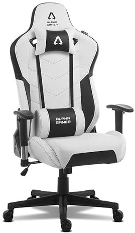 Alpha Gamer Zeta - Silla Gaming de Cuero PU, Ergonómica, Reposabrazos Ajustables, Cojín Cervical y Lumbar, Base de Metal, 120KG - Blanco y Negro