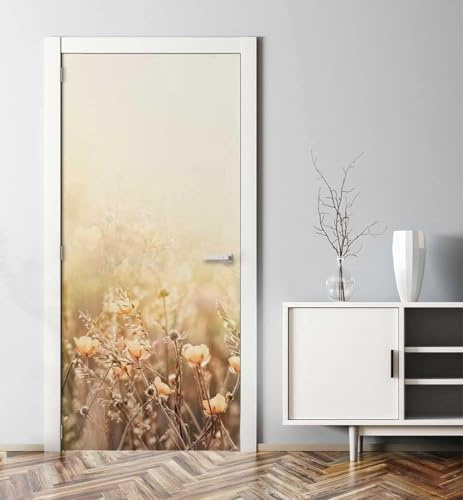 Türtapete Selbstklebend 85 x 200 cm Gelbe Blumen Türaufkleber Gras Türposter PVC Wandaufkleber Wasserdichte 3D Fototapete Türfolie Poster Tapete Türbilder Für Türwand Dekoration F710
