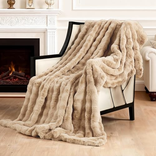 SAPHREAS Kuscheldecke Flauschige 130x150, Furry Bubble Kunstpelz Decke Oeko-Tex Zertifiziert Dicke & Warme Sofadecke für Bett Couch Schlafzimmer Deko Plüschdecke Khaki