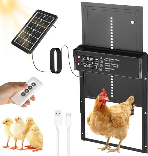 Strixorn - Puerta automática solar para gallinero, trampilla automática para gallinero, batería de aluminio, pantalla LED, mando a distancia, temporizador, impermeable IP45, para granja