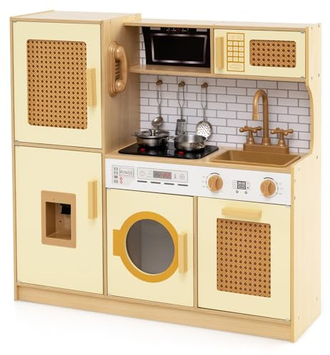 COSTWAY Kids Wooden Kitchen, Pretend Play Kitchen with Realistic Sounds & Lights, Water Dispenser, Sink, Range Hood, Utensils, Children Chef Role Playset for Boys Girls (Yellow+Natural)