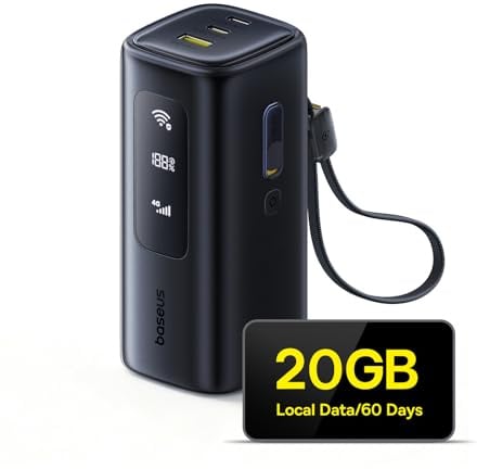 Baseus MIFI mobiler WLAN Router, Laptop Powerbank 20000mAh 67W USB-C Port mit Einziehbares Ladekabe (4G/LTE bis zu 150Mbit/s Download/ 50Mbit/s Upload, Hotspotl) Für Reise, Camper, Büro und mehr