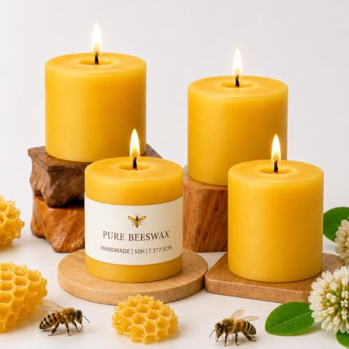 4Pcs Yellow Beeswax Pillar Candles, Each 50 Hours Burning, 7.5cm W x7.5cm H | Natural Paraffin-free Handmade Candles, Pure Organic Beeswax, Perfect for Relaxation, Ambiance, Home Decorations