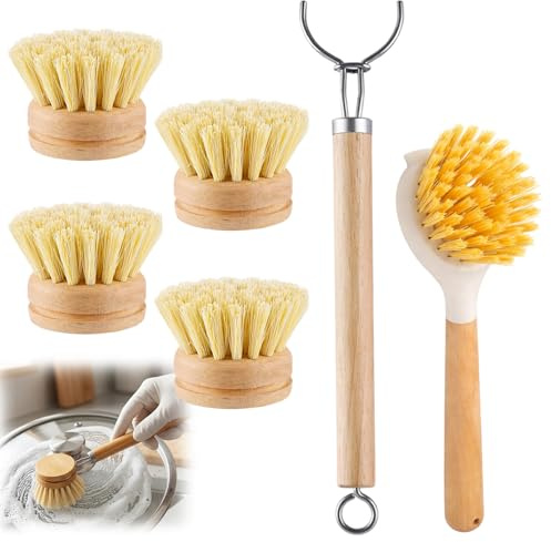 Washing Up Brush, Bamboo Dish Brush Set of 6, Wooden Dish Brush for Kitchen Cleaning, Dish Scrubbing Brush for Tough Grease Removal, Eco Dish Brush with Wooden Handle, Kitchen Brushes for Daily Use