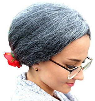 Oma Perücke mit Haarknoten & roter Rose Perücke-Omi Großmutter graue Haare Dutt