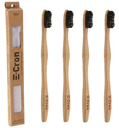 4 x E-Cron Bambus Zahnbürste (Schwarz) mit einem umweltfreundlichen, 100% organischem Griff und weiche Borsten. Ihre Handzahnbürste mit dem sauberen und warmen Touch von Bambus.