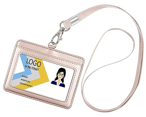 Pour badge, Arae Cuir PU porte-badges avec lanière amovible/sangle Horizontal rose gold