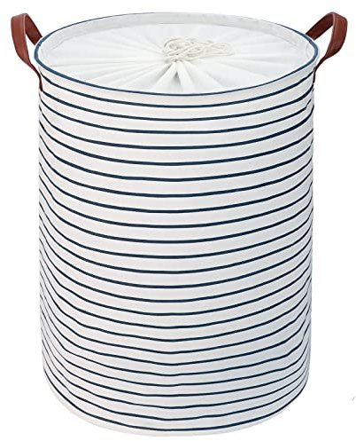 DOKEHOM 20-Inches Freestanding Laundry Basket with Lid, Collapsible Large Drawstring Clothes Hamper Storage with Handle (Blue Stripe, L)