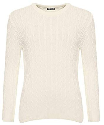 H&F ® New Women's Ladies Chunky Cable Knitted Long Sleeve Crew Neck Jumper Warm Winter Wear Jumper Sweater Top Size 16-18 18-20 22-24 (Cream, 16-18)
