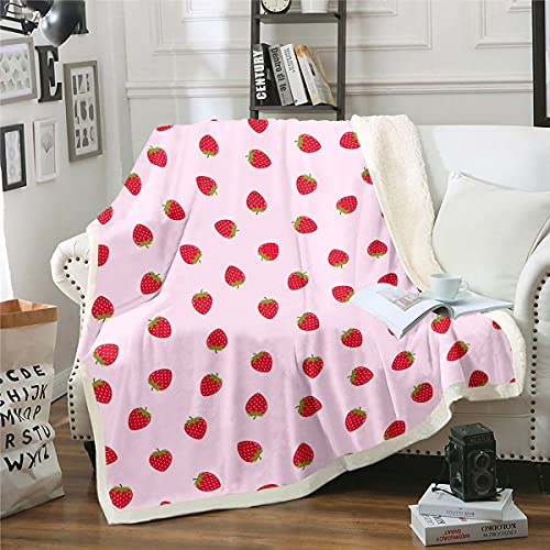 Loussiesd Erdbeer-Sherpa-Decke, rosa, niedlicher Fruchtdruck, Fleece-Überwurf, Decke, Kinder, Erdbeeren, Streifen, flauschige Decke, Mikrofaser-Plüschdecke, Raumdekoration, Einzelbett, 127 x 152 cm