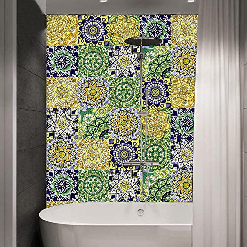 Stick on Tiles Arabian Golden Green Tile Stickers PVC Self Adhesive Wall Tiles Heat Resistant Tile Stickers for Kitchen Bathroom Waterproof Peel and Stick Floor Tiles Tile Paint 30x30cm
