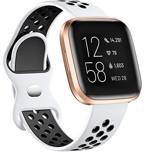 Dirrelo Armband Kompatibel für Fitbit Versa 2/Lite - Weiches Silikon Sport Ersatzband für Damen und Herren - Atmungsaktiv - Weiß/Schwarz, Größe L