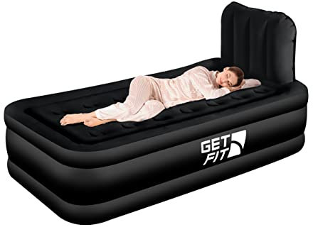 Get Fit Air Bed With Built In Electric Pump - Premium Single Airbed - Quick Blow Up Bed With Headboard & Free Inflatable Pillow - Elevated Inflatable Air Mattress For Outdoor, Camping - Black Mono