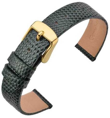 ANNEFIT Women's Leather Watch Band 10mm with Gold Buckle, Lizard Grain Slim Thin Replacement Strap (Green)