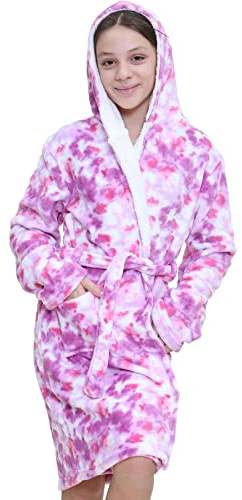A2Z 4 Kids Girls Sherpa Hooded Bathrobe Tie Dye Fleece Dressing Gown | Plush Lounge Wrap With Waist Belt Cosy Home Comfort Gift Ages 5 to 13 Years