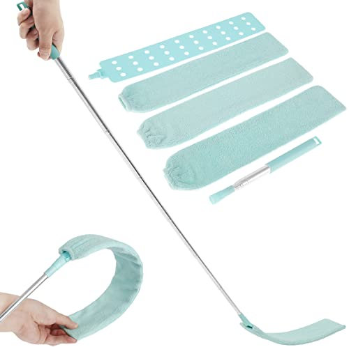 Dehnbarer Staubwedel Duster mit Edelstahl Teleskop Stange,Mikrofaserspalt Staubpinsel Flexibler Lang Flacher Spalt Duster,Staubbürste für Sofa-Bett-Möbel untere Deckenventilator-Jalousien (Hellblau)