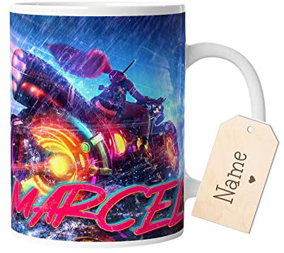 timalo® Coole Gaming Tasse personalisiert mit Namen | Kaffeetasse Geschenk für Gamer Becher | Motiv Mottorad cyberpunk | mug-gamer-39