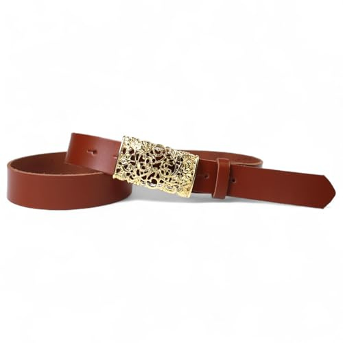 FRONHOFER Damen Ledergürtel Rindleder 3 cm mit goldener floraler Blumenschnalle 7 x 3,5 cm Wechselgürtel für Jeans und Röcke Made in Germany