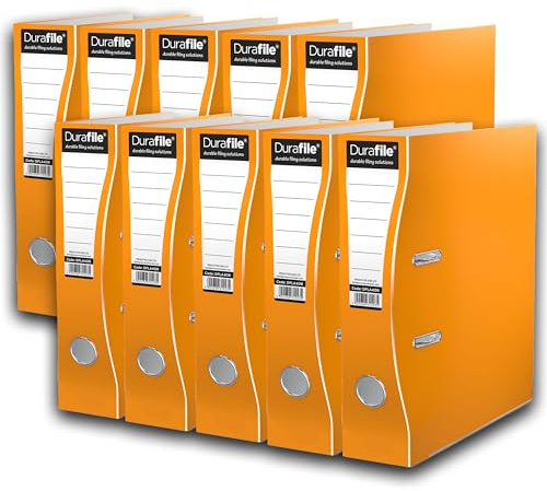 Durafile Lever Arch Files, Orange, Pack of 10 Folders, Heavy Duty Board Construction Suitable for A4 Size Documents, Ideal folders for School, Home and The Office