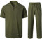 LucMatton 2-teiliges lässiges Leinen-Outfit für Herren, Sommer, kubanischer Kragen, Wanderanzüge für Strandurlaub, armee-grün, XXL