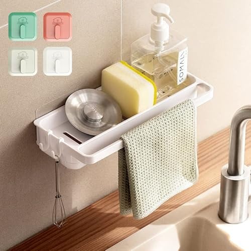 Asonen Porta Spugne Bianco con 4 Ganci per Organizzatore Lavello Appendibile Senza Foratura, Mensola Organizzatrice a Parete per Cucina con Vassoio di Raccolta.