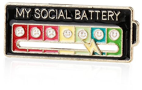 Social Battery Badge - Funny Mood Brooch Pin with Sliding Scale (Black)