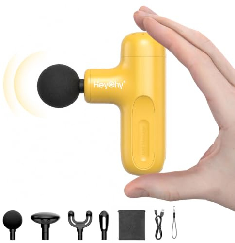 HEYCHY Mini Massagepistole Massagegerät, 4 Aufsätze 5 Stufen, Gelb | 3000 RPM, Tiefenmassage Nacken Rücken Schulter, Leise Tragbar USB, Geschenk Männer Frauen Anfänger Sportler, Zuhause Outdoor
