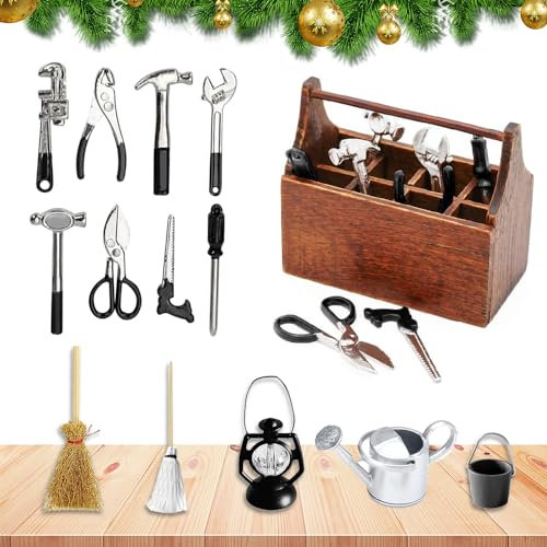 Boîtes à Outils Miniatures avec Outils,14 Pièces Accessoires de Maison de poupée,Mini boîte à Outils en Bois,Boîte à Outils Miniature,pour Accessoires de Maison de Poupée à l'échelle 1/12