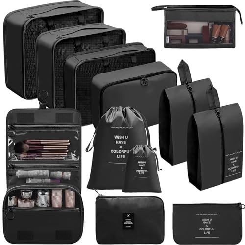 Chijoo 12 teiliges Koffer Organizer Set (Schwarz) – Packing Cubes Set, Packwürfel, Reise Gadget