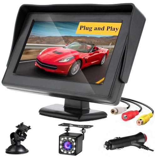 Kit de Camara Trasera para Coche 4,3 Pulgadas, Cámara de Marcha Atrás Coche con Monitor, Cámara para Coche Aparcamiento Coche Prueba de Agua IP68 12 LED Visión Nocturna para Furgonetas, SUV, Camiones