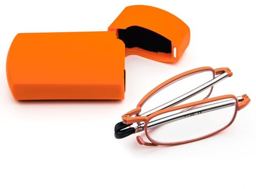 KoKoBin Faltbare Lesebrille aus Edelstahl Mini Anti-Blau Sehnhilfe für Damen und Herren Lesehilfe mit Hartschalen-Etui(Orange,+2.5)