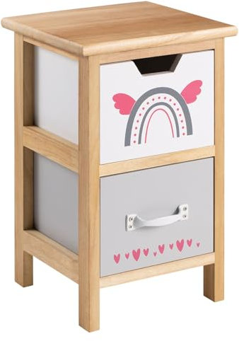 IDIMEX Table de Chevet Enfant ESTA Petite Commode en Bois de Paulownia Naturel, 2 tiroirs Gris et Blanc aux Motifs Arc-en-Ciel