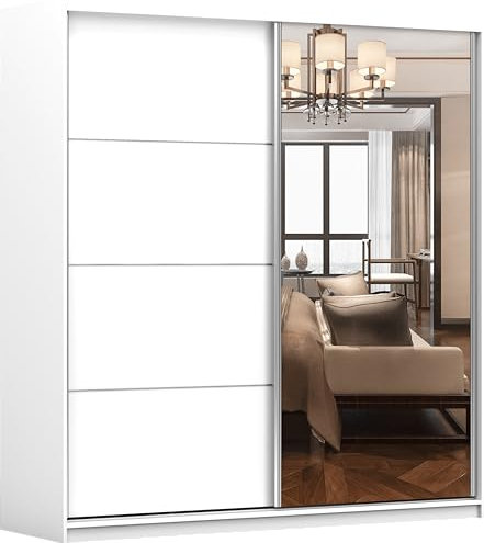 Fabryka Mebli Idźczak Kleiderschrank mit Spiegel, Schiebetüren - Weißer Schwebetürenschrank, Schlafzimmerschrank - 61 x 203 x 218 cm - Schrank für Schlafzimmer, Garderobe - Wohnzimmerschrank