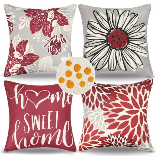 LRartdeco 4er Set wasserdichte Kissenbezüge 45x45cm Outdoor Sofakissen Wasserfeste Kissenbezug Rot Zierkissenbezüge Dekorativ Leinen Kissenhülle für Balkon Terrasse Garten Sofa Kissen Deko