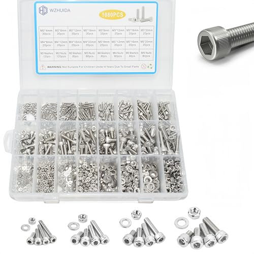 WZHUIDA 1080 Stück M2 M3 M4 M5 Innensechskant Schrauben und Muttern und Unterlegscheiben Sortiment, Edelstahl Zylinderschrauben mit Muttern Sortiment Kit mit 4 Schraubenschlüsseln
