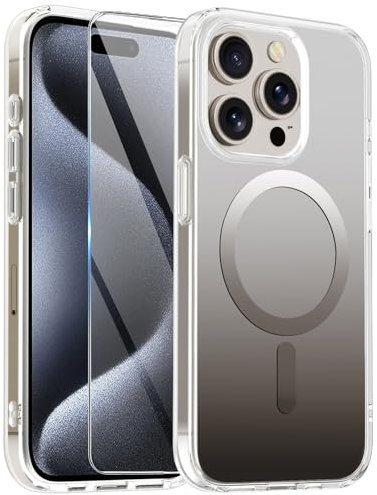 Handyhülle für iPhone 15 Pro Hülle mit Schutzfolie, Durchscheinende Matt Farbverlauf Kratzfeste Schutzhülle Phone 15 Pro 6.1'' Magnetic Case Cover [Unterstützt kabelloses Laden] (Schwarz, 15 Pro)