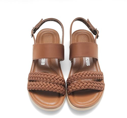 DUUCUB Damen Flache Sandalen Knöchelriemen Offene Zehe Sommer Geflochtene Sandale Strand Bequem Slingback Kleid Schuhe Camel EU 40