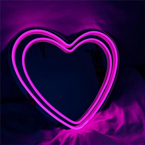 DAKABUKA Herz geformte Spiegel Neon Zeichen, Rosa Liebe Neon Licht, LED Wand Spiegel Zeichen für Muttertag Geschenk Mädchen Hochzeit Geburtstag Party Dekorationen (34x32cm)