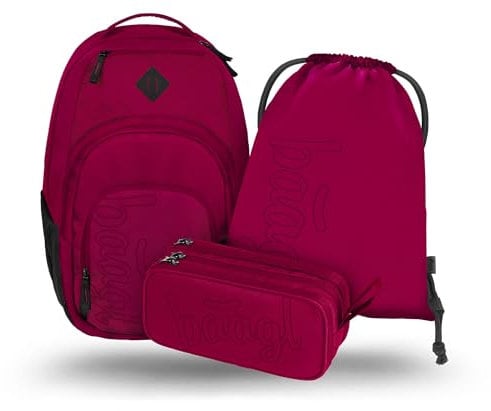 Baagl Schulrucksack Set 3 Teilig, Ergonomischer Großer Rucksack mit Kühlfach für Jungen Mädchen Teenager, Grundschule Ranzen mit Brustgurt und Laptopfach, Daypack 35 l (Ruby)