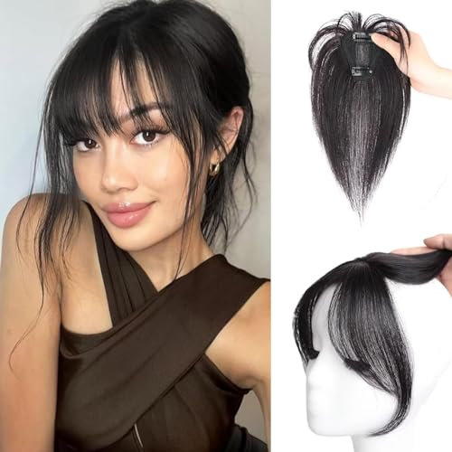 RUNRAYAY Vigorous Wave Side Bang Clip in Bangs, Full Fringe with Temples Real Human Hair Wave Fringe Hair Extensions (Natural Black)