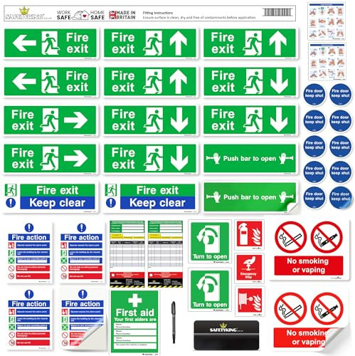 SAFETYKING® Kit de signalisation de sécurité incendie 33 pièces | Panneaux de sortie de secours 30 cm x 10 cm | Autocollants autocollants | Panneaux de sortie de secours | Pack de sécurité pour sortie