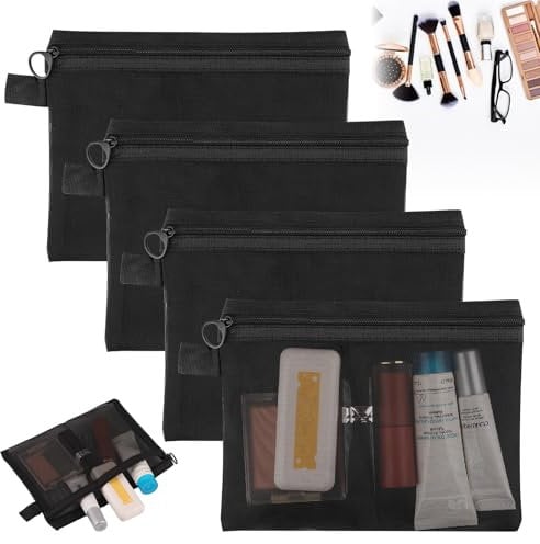 Small Make Up Bag, 4Pcs Cosmetic Bag with Zipper, Black Mesh Makeup Bags, Small Pouch for Women Handbag Essentials, Travel Bag Organiser Pouches for Cosmetics Toiletries,