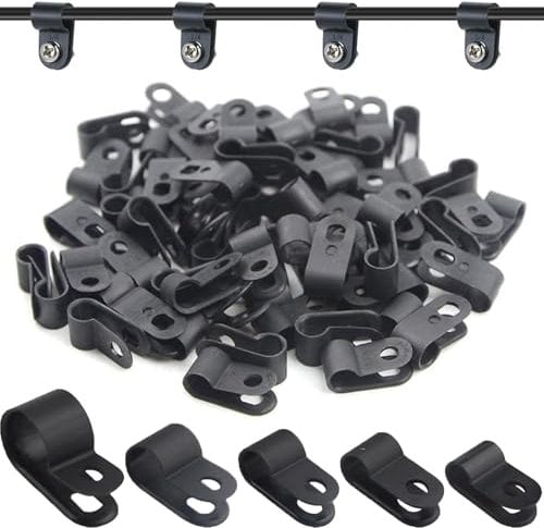 240pcs R-Type Nylon Cable Cleats and P Clips Kit, 5 Sizes Black Electric Cable Clips for Indoor & Outdoor Wire Management, Durable Cable Clamps for Organised Conduits and Electrical Wires