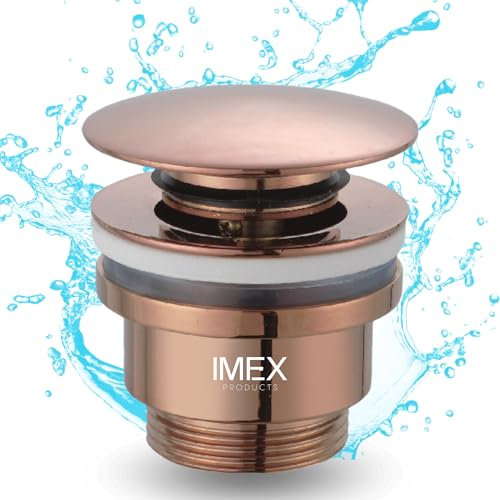 IMEX - Vanne de lavabo universelle | Bouchon de lavabo Click Clack Clack | Valve pour lavabo Clic Clac | Vanne de vidange de lavabo | Couleur or rose brossé | Valve en PVC