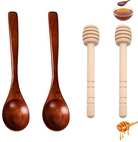 4 Piece Honey Spoon, Honey Stick,Include 2pcs Honey Dipper and 2pcs Honey Stick,Natural Small Wooden Spoons, Rugged Honey Spoon Wooden, for Mixing Serbing Cooking Dessert Ladle Jam