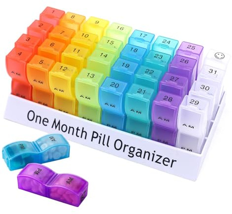 Monatliche Pillendose 32 Tage Morgens und Abends, Tablettenbox 2 mal pro Tag, Tragbare Medikamentenbox 2 Fächer, Pillendose für Reisen, Pillenbox Tablettenorganizer für Vitamine, Medikamente
