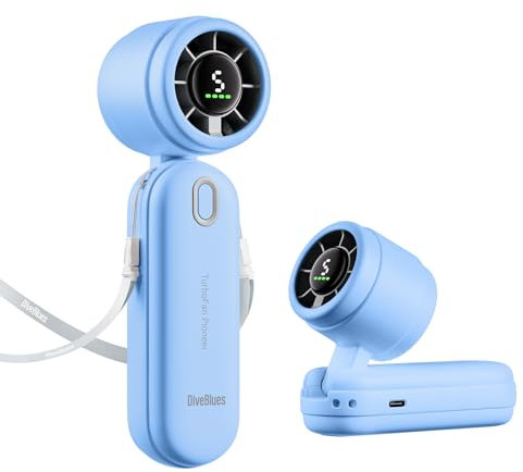 Diveblues iTurbo Portable Handheld Turbo Fan, 4000mAh Foldable Rechargeable High Speeds Hand Fan, 12hrs Cooling 5 Gear Led Display Powerful Airflow Battery Fan for Outdoor