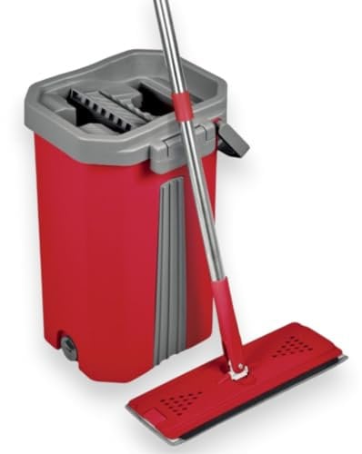 Balai Serpillière Mop Compact Malin – Kit Complet de Nettoyage avec Seau 2 Compartiments Nettoyer/Essorer – Manche 141 cm, Lingettes et Tête Plate et pivotante XL (Balai Pro + 2 Lingettes)
