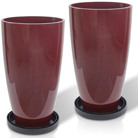 ZMTECH Ensemble de 2 jardinières extérieures de 53 cm de hauteur, pots de fleurs ronds grands pour intérieur/extérieur avec étagère intégrée, finition brillante rouge vin - Grands pots en plastique
